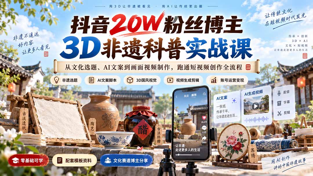 抖音20W粉丝博主3D非遗科普实战课：从文化选题、AI文案到画面视频制作，跑通短视频创作全流程-程拾网络