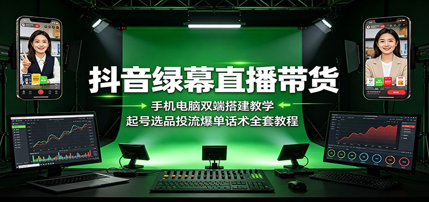 【精】抖音绿幕直播带货：手机电脑双端搭建教学，起号选品投流爆单话术全套教程-程拾网络