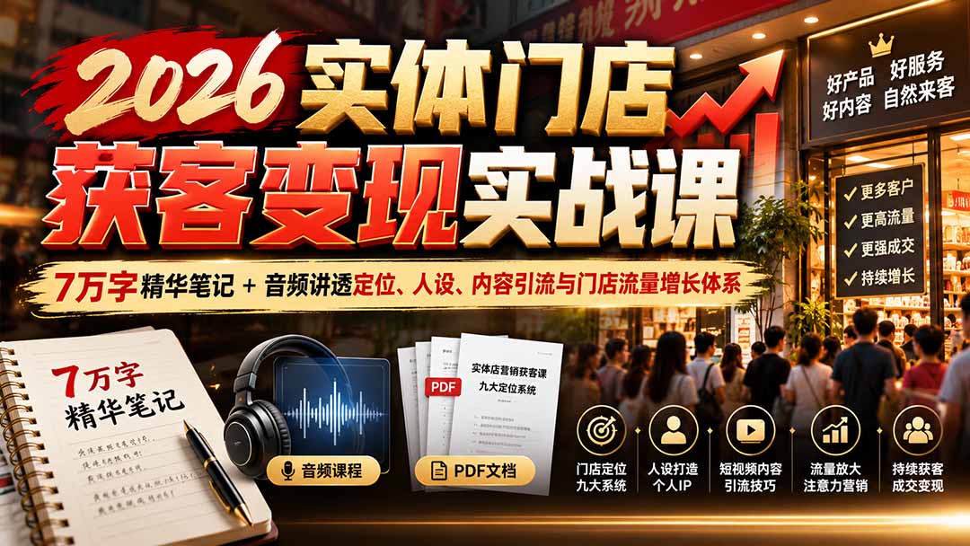 2026实体门店获客变现实战课:7万字精华笔记+音频讲透定位、人设、内容引流与门店流量增长体系-程拾网络
