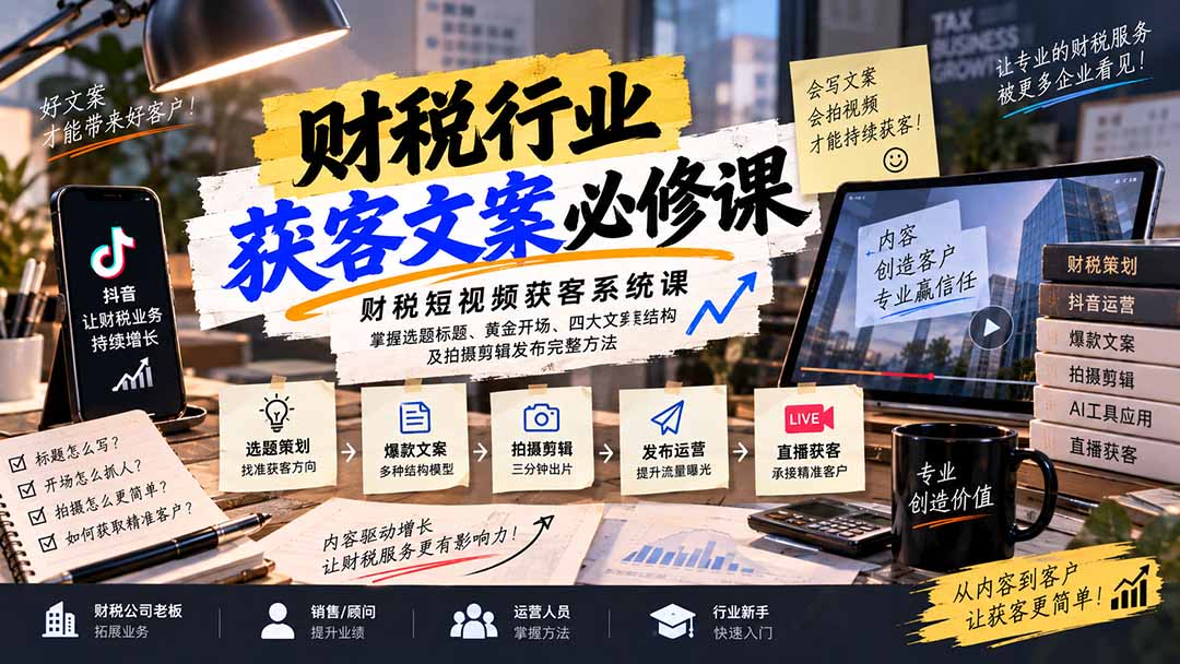 财税短视频获客系统课：掌握选题标题、黄金开场、四大文案结构及拍摄剪辑发布完整方法-程拾网络