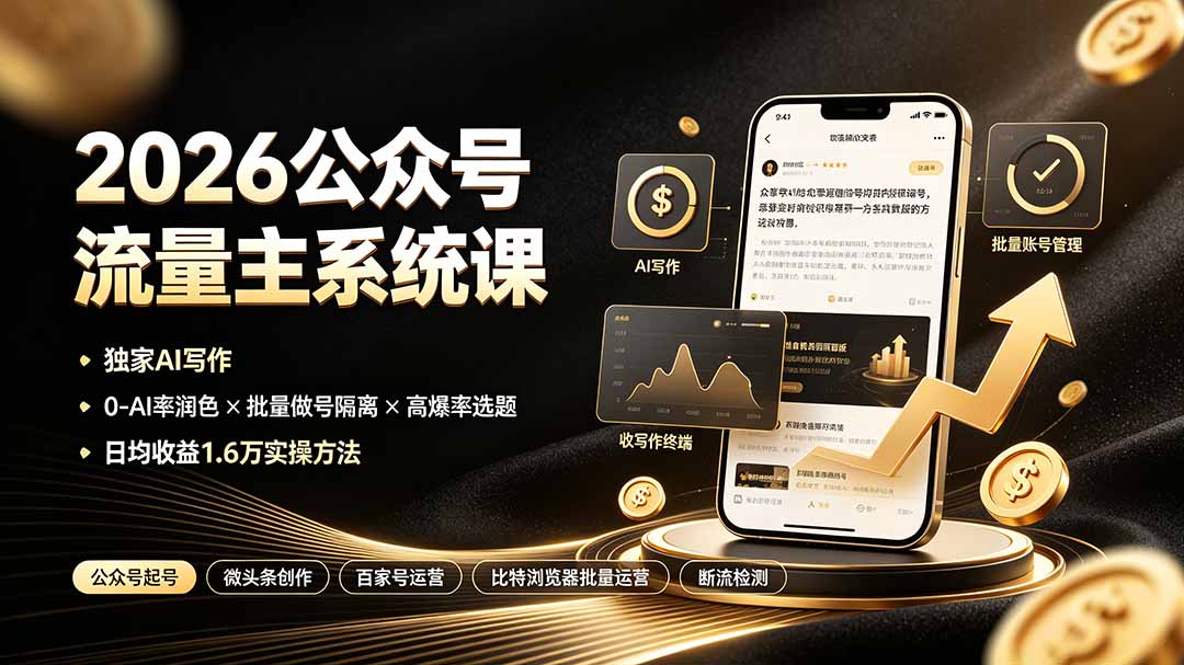 【精】2026公众号流量主系统课：独家AI写作×0-AI率润色×批量做号隔离×高爆率选题，日均收益1.6万实操方法-程拾网络