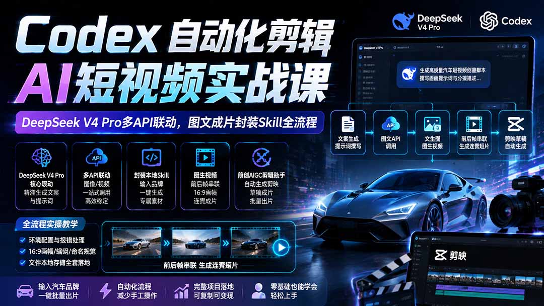 Codex自动化剪辑AI短视频实战课｜DeepSeek V4 Pro多API联动，图文成片封装Skill全流程-程拾网络