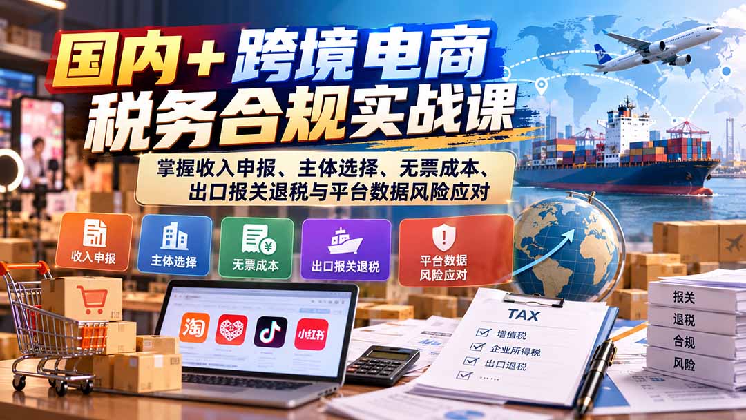 国内+跨境电商税务合规实战课：掌握收入申报、主体选择、无票成本、出口报关退税与平台数据风险应对-程拾网络