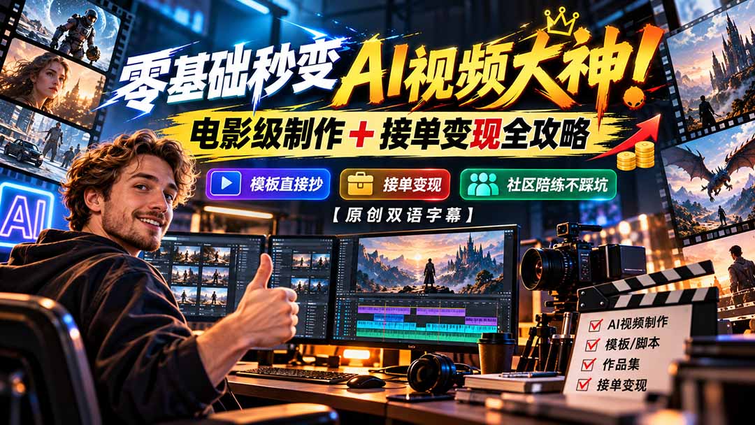 零基础秒变AI视频大神！电影级制作 + 接单变现全攻略，模板直接抄，社区陪练不踩坑【原创双语字幕】-程拾网络