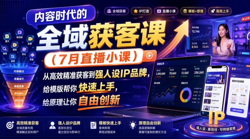 内容时代的全域获客课(7月直播小课)，从高效精准获客到强人设IP品牌，给模版帮你快速上手，给原理让你自由创新-程拾网络