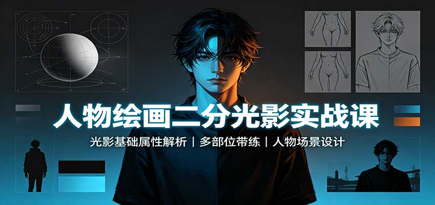 人物绘画二分光影实战课：光影基础属性解析，多部位带练，人物场景设计-程拾网络