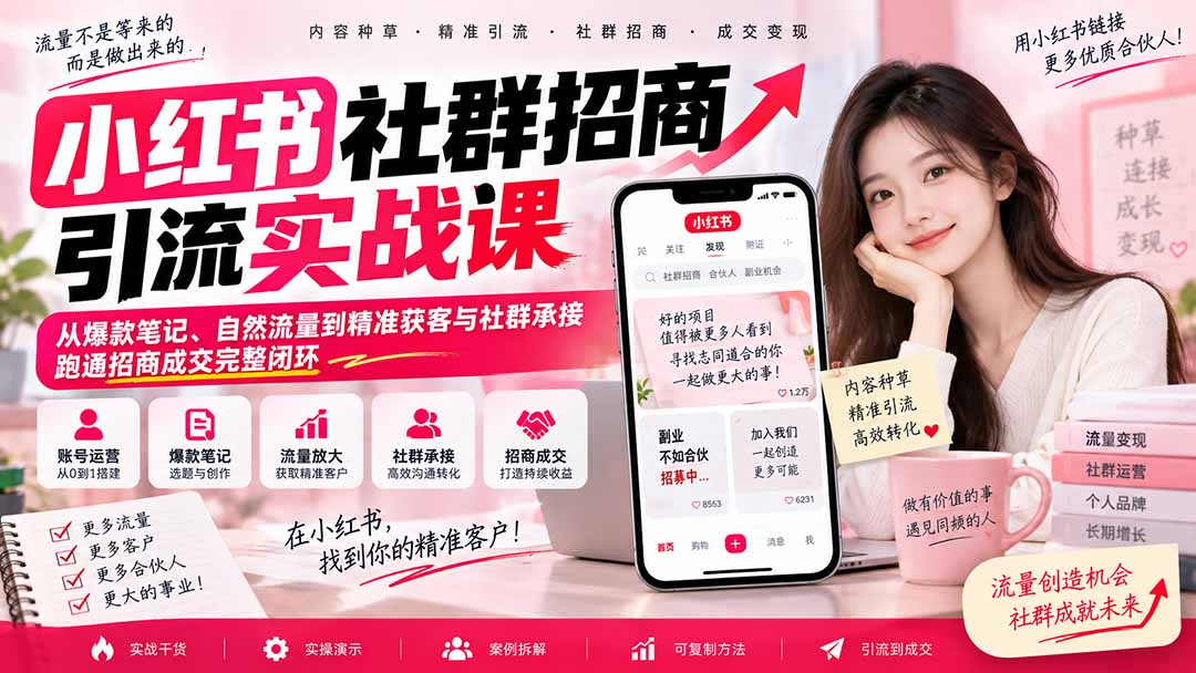 小红书社群招商引流实战课-无水印：从爆款笔记、自然流量到精准获客与社群承接，跑通招商成交完整闭环-程拾网络