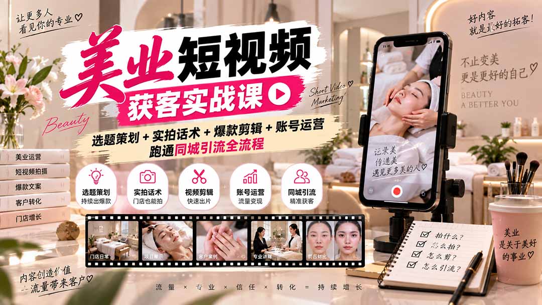 美业短视频获客实战课-无水印：选题策划+实拍话术+爆款剪辑+账号运营，跑通同城引流全流程-程拾网络
