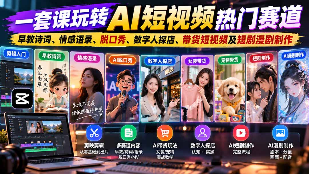 一套课玩转AI短视频热门赛道：早教诗词、情感语录、脱口秀、数字人探店、带货短视频及短剧漫剧制作 复制标题-程拾网络
