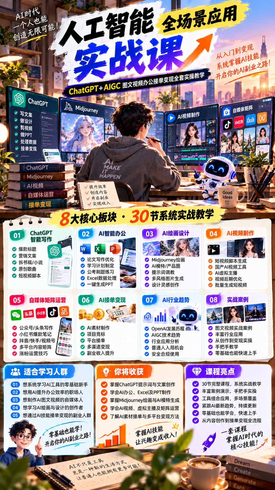一个人掌握AI写作设计剪辑全套技能：从ChatGPT办公、AI绘画到虚拟主播、自媒体运营及接单变现-程拾网络