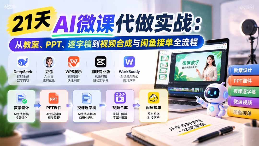 21天AI微课代做实战：从教案、PPT、逐字稿到视频合成与闲鱼接单全流程-程拾网络