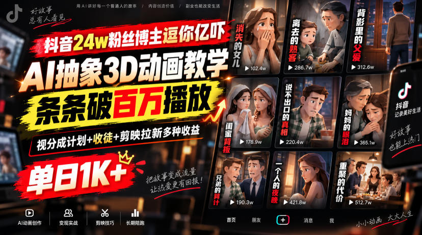 【精】抖音24w粉丝博主逗你亿吓AI抽象3D动画教学，条条破百万播放，分成计划+收徒+剪映拉新多种收益，单日1K+-程拾网络