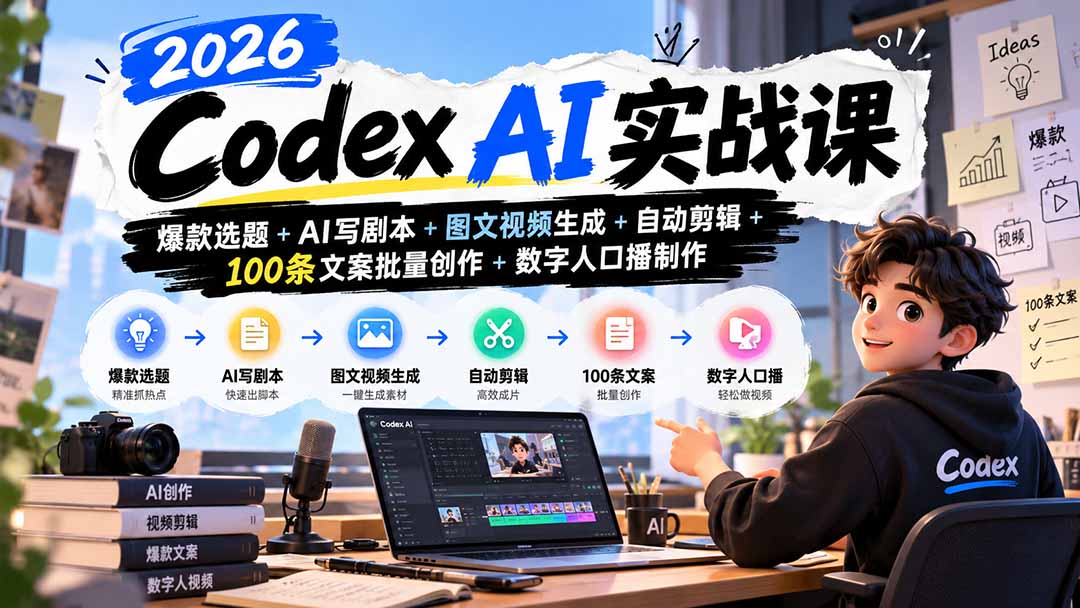 2026Codex AI实战课:爆款选题+AI写剧本+图文视频生成+自动剪辑+100条文案批量创作+数字人口播制作-程拾网络