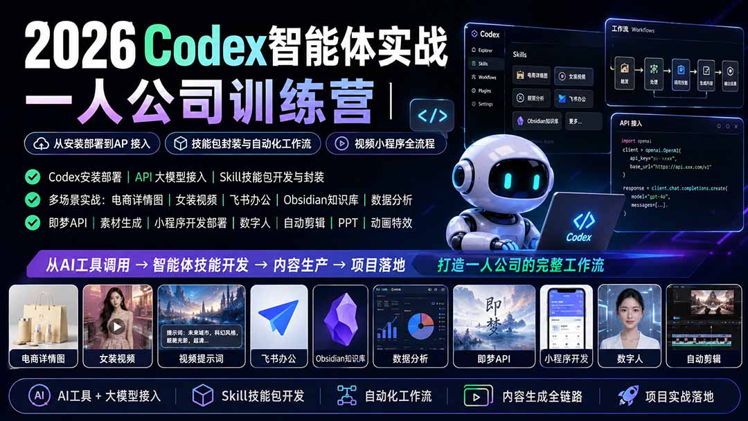 2026Codex智能体实战|一人公司训练营|从安装部署到API接入|技能包封装与自动化工作流|视频小程序全流程-程拾网络