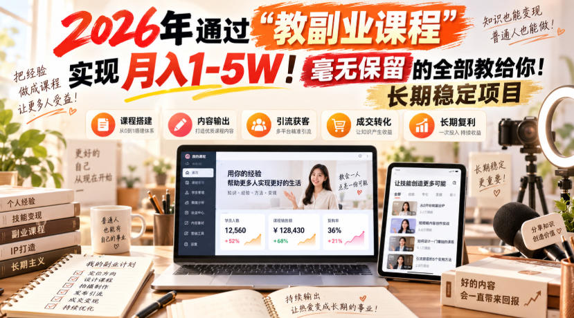 2026年通过“教副业课程”实现月入1-5W！毫无保留的全部教给你！长期稳定项目-程拾网络