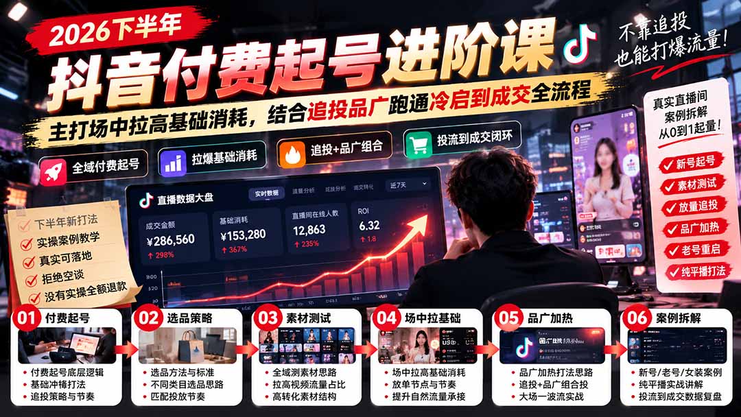 2026下半年抖音付费起号进阶课：主打场中拉高基础消耗，结合追投品广跑通冷启到成交全流程-程拾网络
