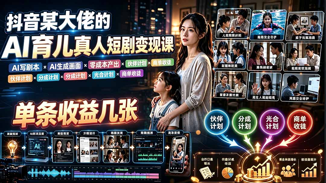 AI育儿真人短剧变现课：AI写剧本×AI生成画面×零成本产出×伙伴计划×分成计划×光合计划×商单收徒-程拾网络