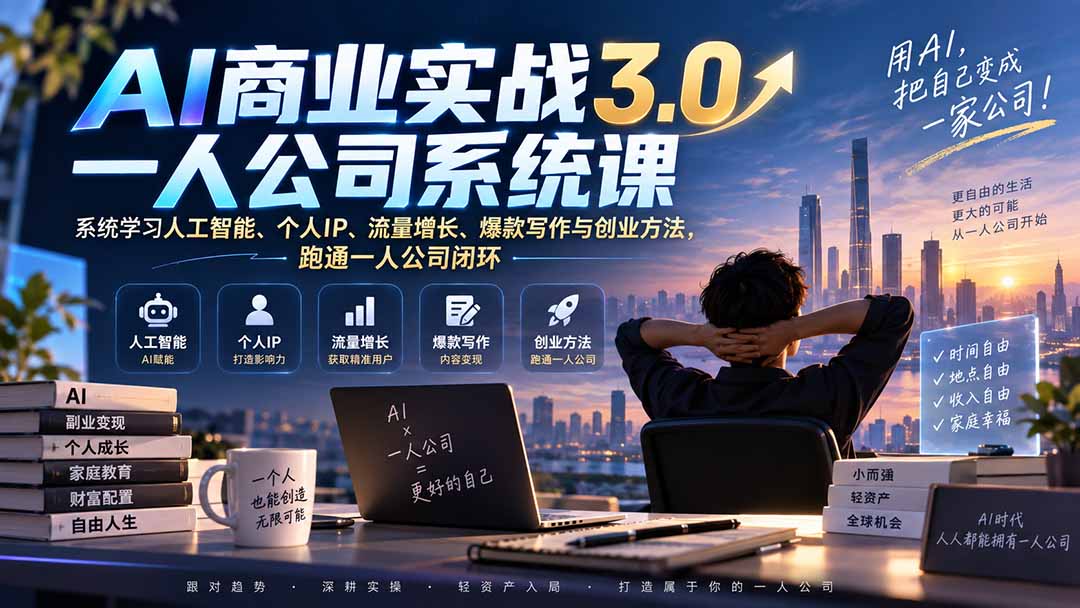 AI商业实战3.0一人公司系统课：系统学习人工智能、个人IP、流量增长、爆款写作与创业方法，跑通一人公司闭环-程拾网络