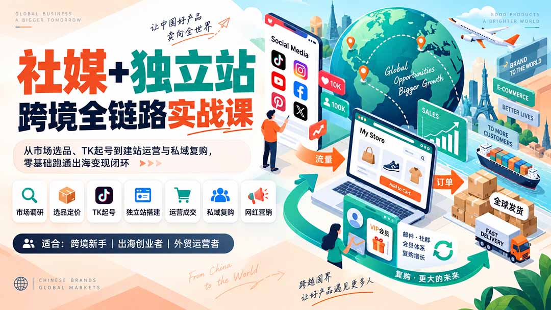 社媒+独立站跨境全链路实战课：从市场选品、TK起号到建站运营与私域复购，零基础跑通出海变现闭环-程拾网络