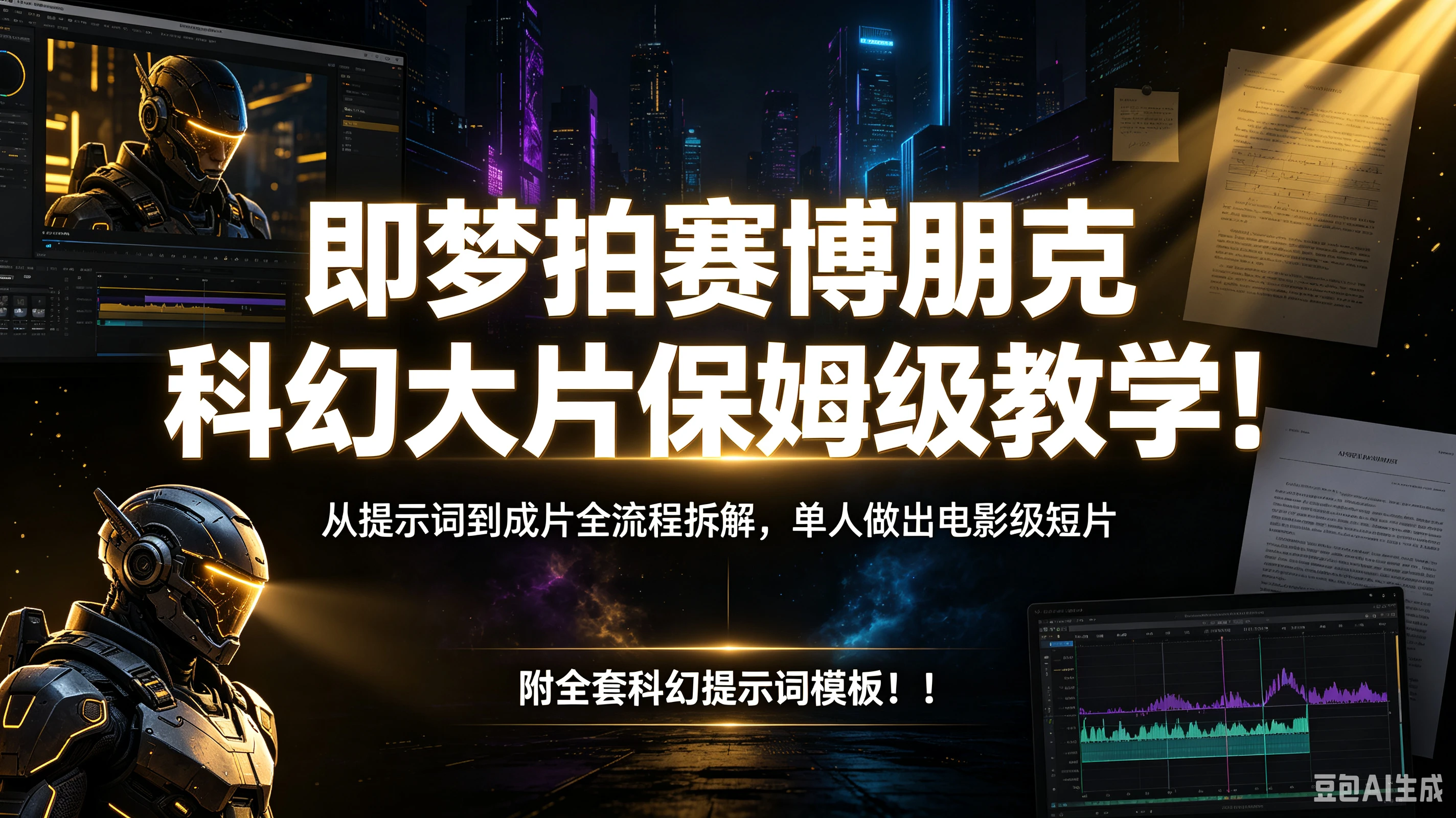 【精】即梦拍赛博朋克科幻大片保姆级教学！从提示词到成片全流程拆解，单人做出电影级短片，附全套科幻提示词模板！！-程拾网络