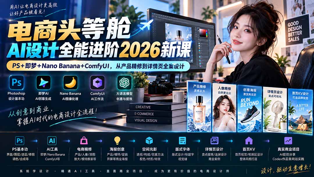 电商头等舱AI设计全能进阶2026新课：PS+即梦+Nano Banana+ComfyUI，从产品精修到详情页全案设计-程拾网络