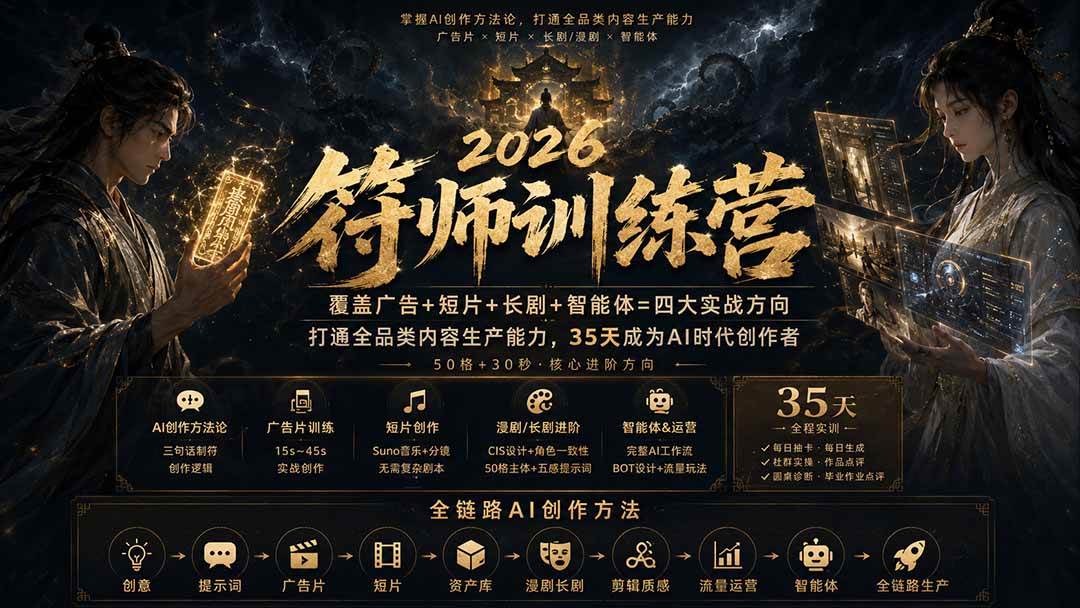 （20179期）符师训练营-35天成为AI时代创作者，广告+短片+漫剧+智能体四大实战方向，掌握从创意到上线的完整工作流-程拾网络