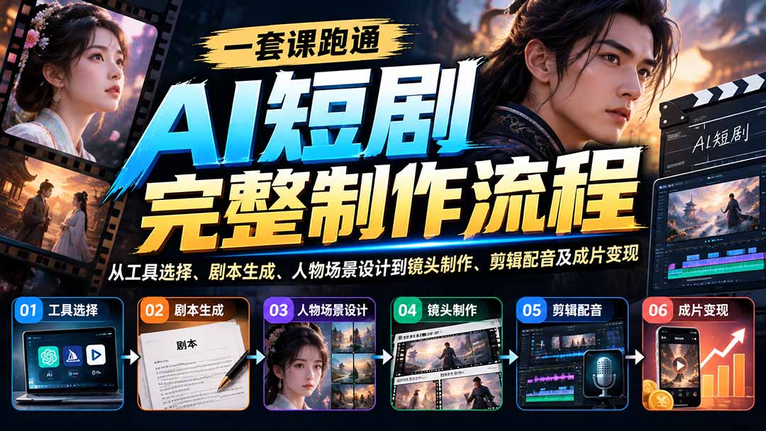 一套课跑通AI短剧完整制作流程:从工具选择、剧本生成、人物场景设计到镜头制作、剪辑配音及成片变现-程拾网络
