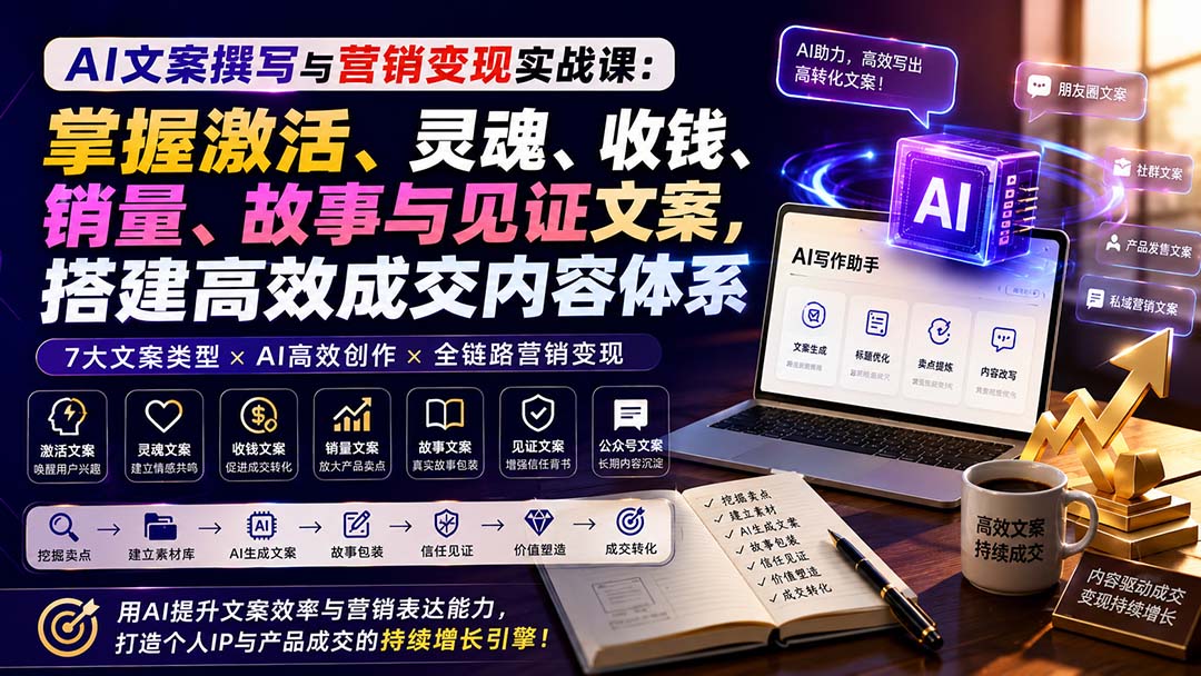 AI文案撰写与营销变现实战课：掌握激活、灵魂、收钱、销量、故事与见证文案，搭建高效成交内容体系-程拾网络