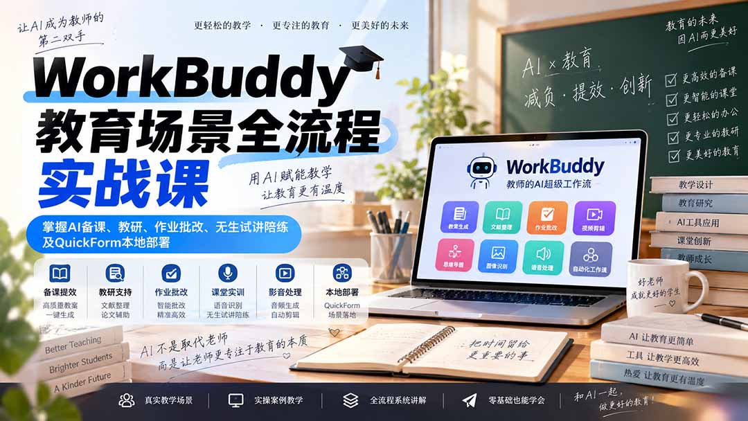 WorkBuddy教育场景全流程实战课:掌握AI备课、教研、作业批改、无生试讲陪练及QuickForm本地部署-程拾网络