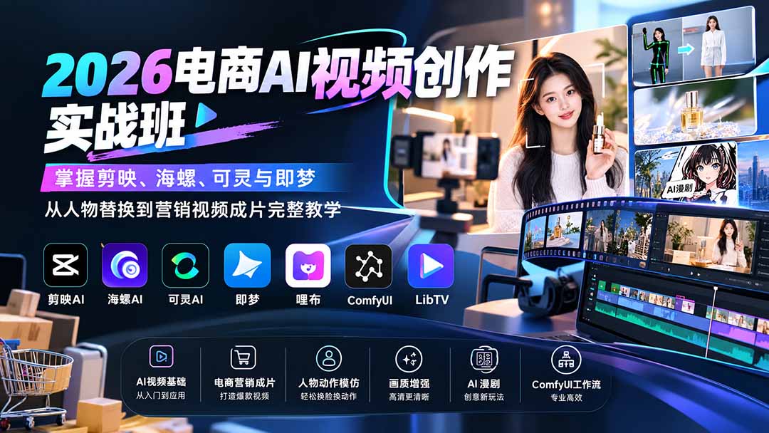 2026电商AI视频创作实战班：掌握剪映、海螺、可灵与即梦，从人物替换到营销视频成片完整教学-程拾网络
