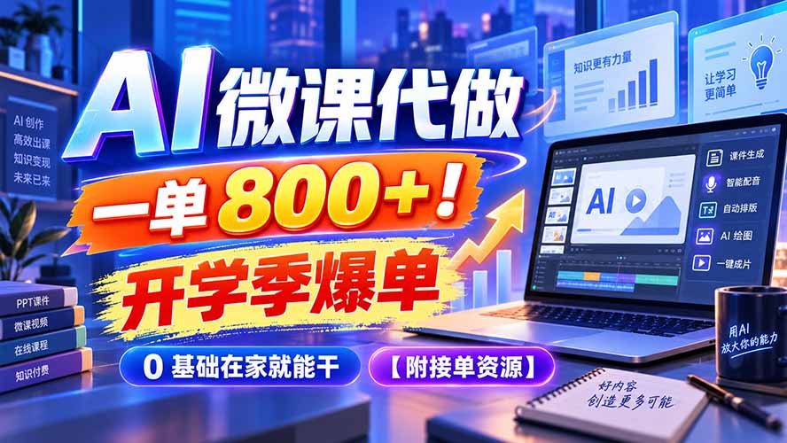 AI 微课代做，一单 800+！开学季爆单，0 基础在家就能干【附接单资源】-程拾网络
