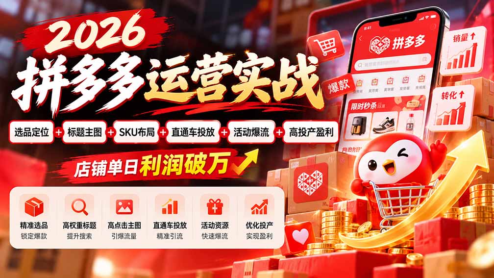 2026拼多多运营实战-更新1002:选品定位+标题主图+SKU布局+直通车投放+活动爆流+高投产盈利 店铺单日利润破万-程拾网络