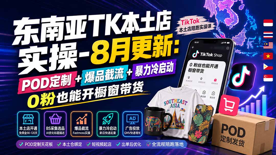 东南亚TK本土店实操-8月更新：POD定制+爆品截流+暴力冷启动，0粉也能开橱窗带货-程拾网络
