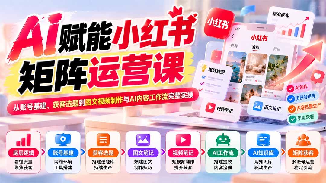 AI赋能小红书矩阵运营课:从账号基建、获客选题到图文视频制作与AI内容工作流完整实操-程拾网络