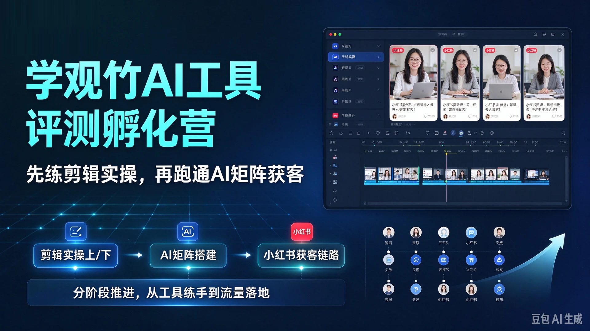 【精】学观竹AI工具评测孵化营第二期, 先练剪辑实操上/下, 再走AI矩阵小红书获客链路, 分阶段推进-程拾网络