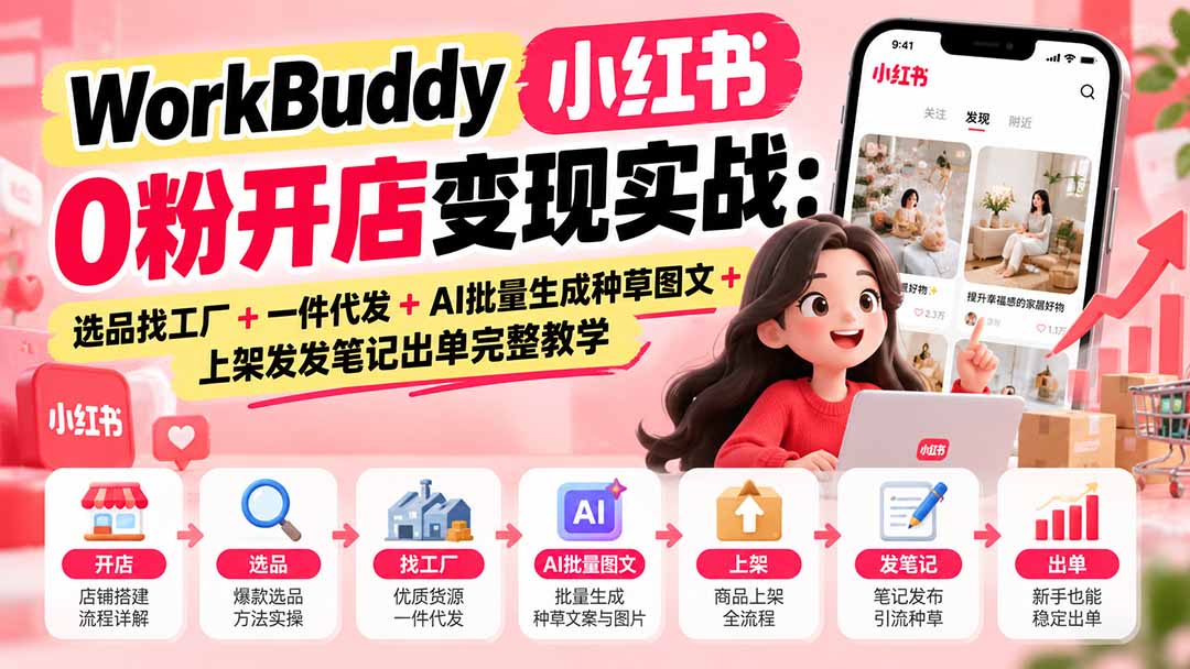 WorkBuddy小红书0粉开店变现实战：选品找工厂+一件代发+AI批量生成种草图文+上架发发笔记出单完整教学-程拾网络