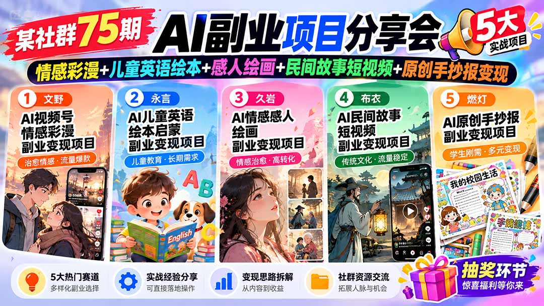 某社群75期AI副业项目分享会：情感彩漫+儿童英语绘本+感人绘画+民间故事短视频+原创手抄报变现-程拾网络