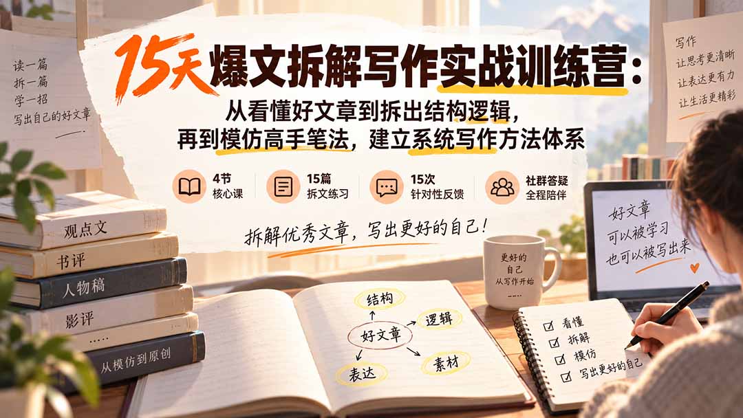 15天爆文拆解写作实战训练营：从看懂好文章到拆出结构逻辑，再到模仿高手笔法，建立系统写作方法体系-程拾网络