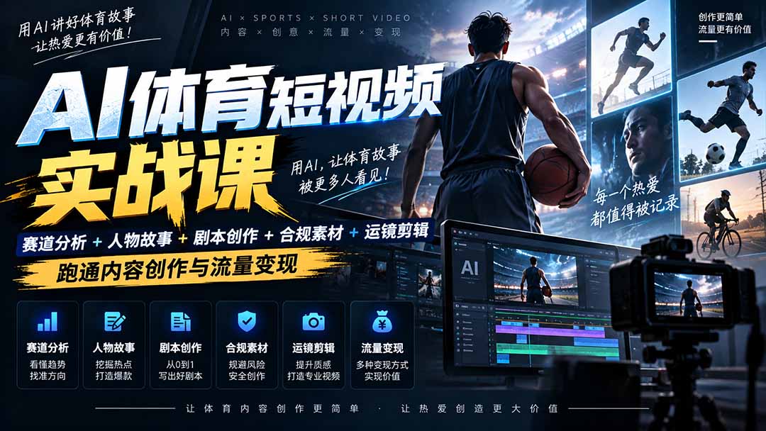 AI体育短视频赛道顶级玩法｜赛道分析+人物故事+剧本创作+版权处理+运镜剪辑，跑通流量变现-日赚1K+-程拾网络