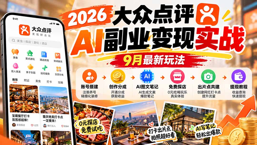 2026大众点评AI副业变现实战9月最新玩法:账号搭建+创作分成+AI图文笔记+免费探店+出片点共建与提现教程-程拾网络