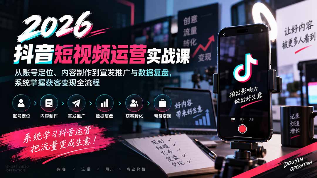 2026抖音短视频运营实战课：从账号定位、内容制作到宣发推广与数据复盘，系统掌握获客变现全流程-程拾网络