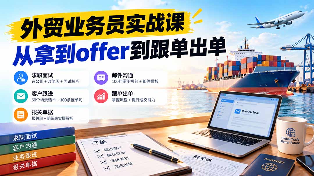 外贸业务员从求职到出单实战课：教你筛选优质公司、优化简历、应对面试、客户跟进催单及出口报关操作篇-程拾网络