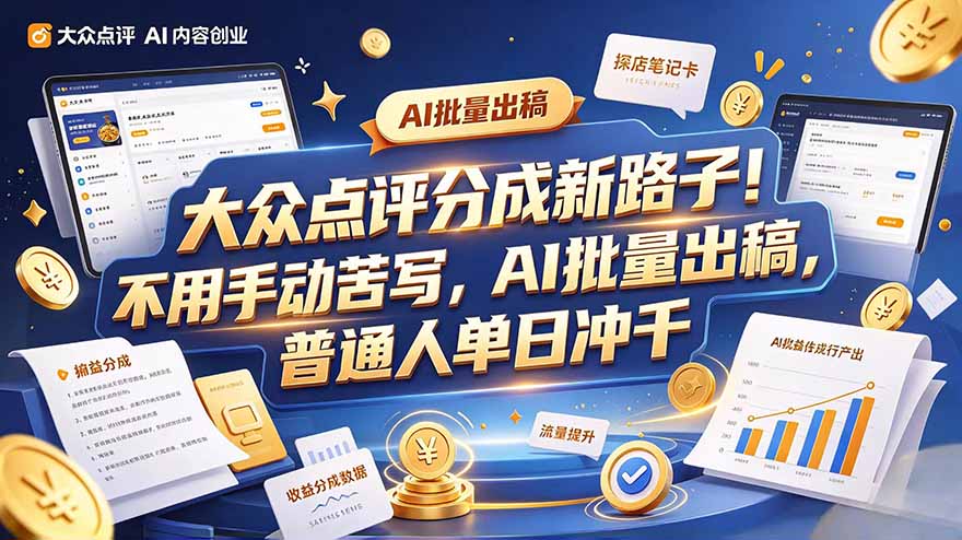 大众点评副业新玩法,工具提效解放双手,批量做笔记,单日可破千-程拾网络