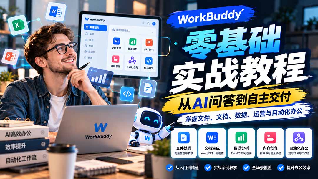 WorkBuddy零基础实战教程:从AI问答到自主交付,掌握文件、文档、数据、运营与自动化办公-程拾网络