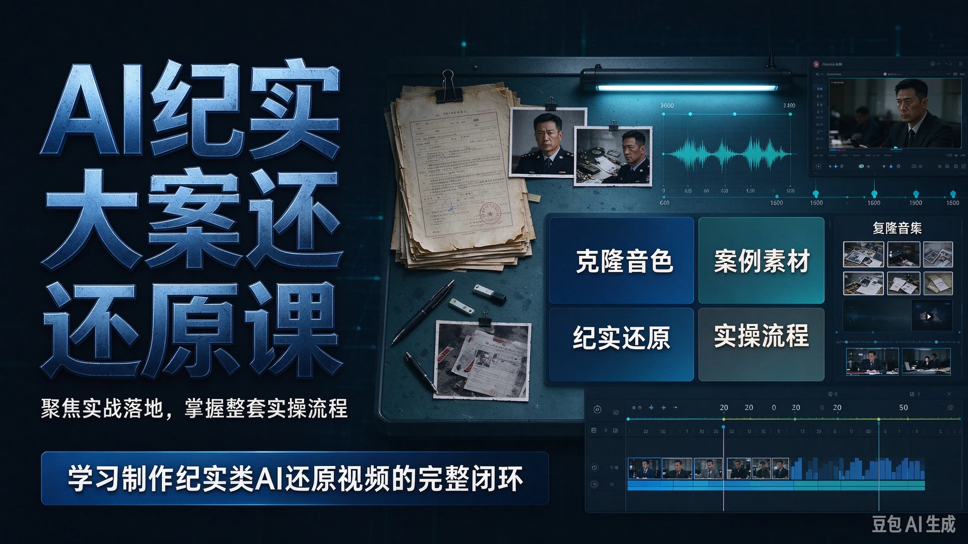 AI纪实大案还原课聚焦实战落地，依托克隆音色与案例素材，学习制作纪实类AI还原视频的整套实操流程-程拾网络