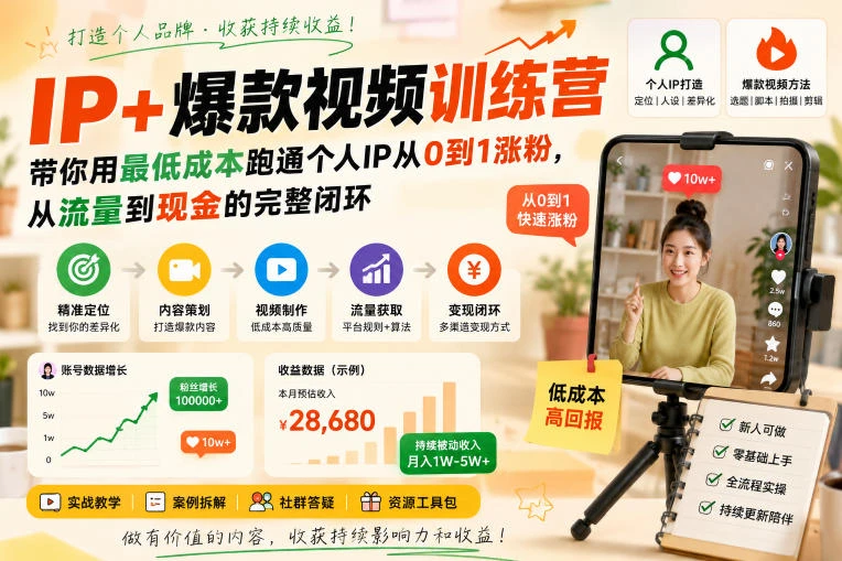 【精】AI+IP爆款视频训练营，带你用最低成本跑通个人IP从0到1涨粉，从流量到现金的完整闭环-程拾网络