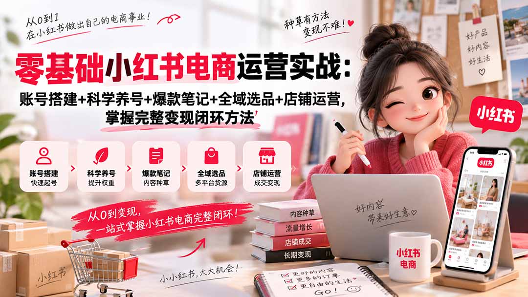 零基础小红书电商运营实战：账号搭建+科学养号+爆款笔记+全域选品+店铺运营，掌握完整变现闭环方法-程拾网络