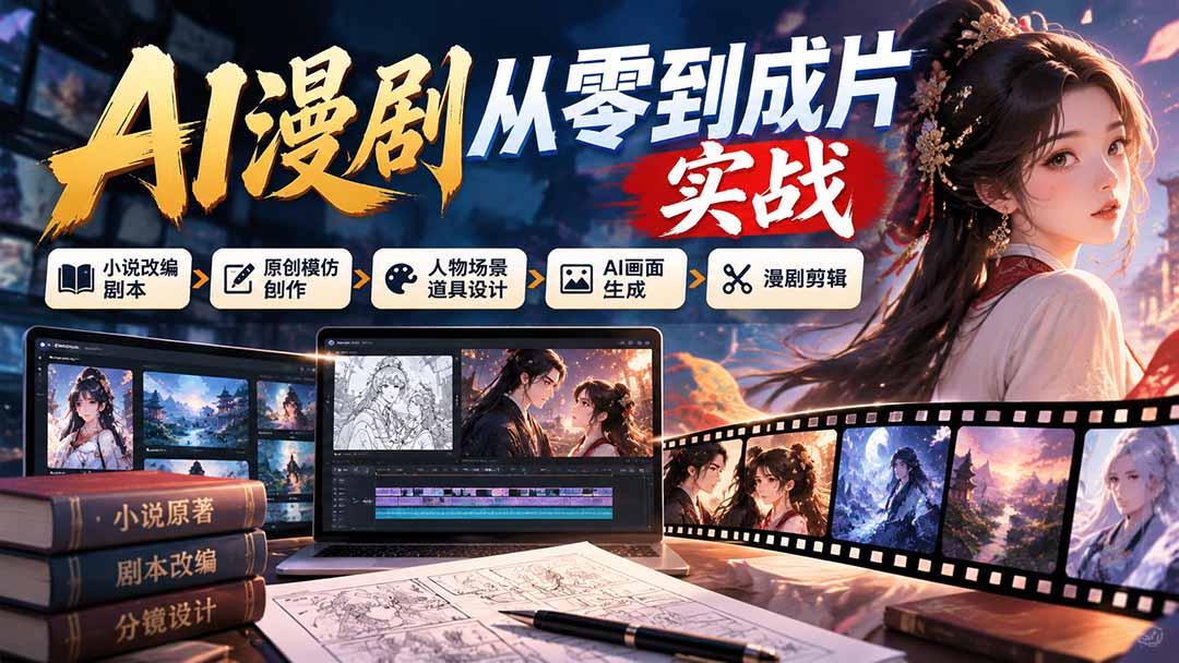 AI漫剧从零到成片实战：小说改编剧本、原创模仿创作、人物场景道具设计、AI画面生成与漫剧剪辑-程拾网络