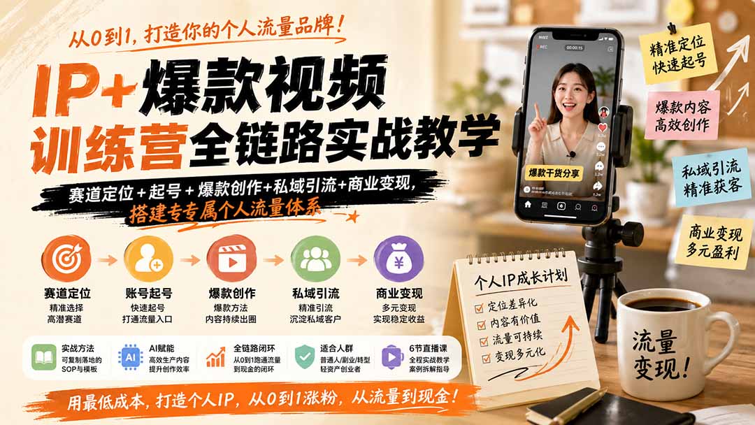 IP+爆款视频训练营全链路实战教学；赛道定位+起号+爆款创作+私域引流+商业变现，搭建专属个人流量体系-程拾网络