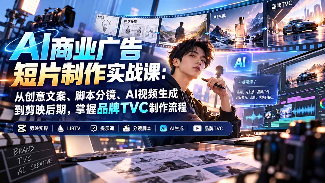 AI商业广告短片制作实战课:从创意文案、脚本分镜、AI视频生成到剪映后期,掌握品牌TVC制作流程-程拾网络